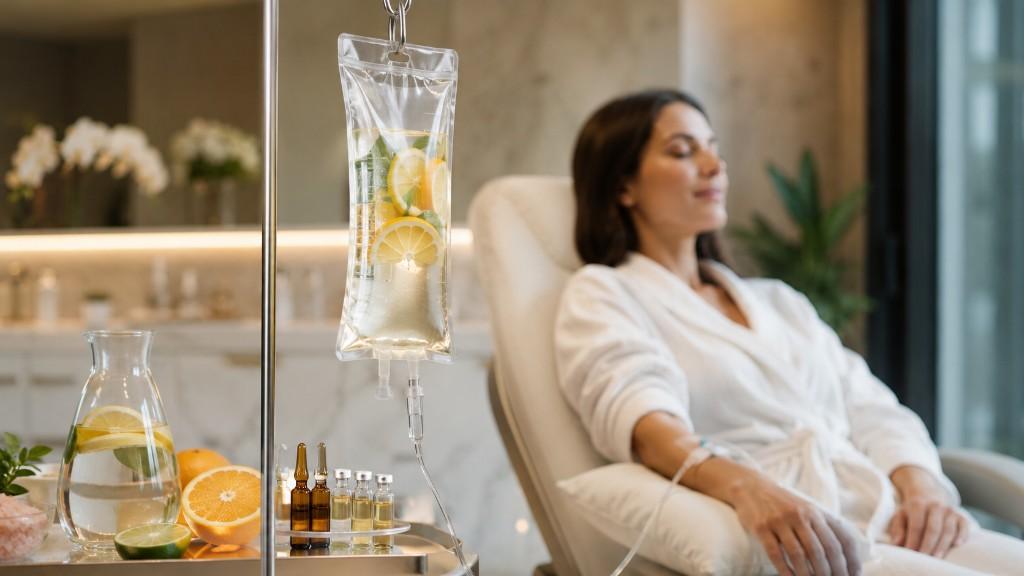 Woman receiving a provider-guided IV wellness drip with lemon and mint infusion at Drip Lounge