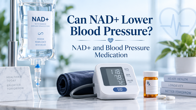 Can NAD+ lower blood pressure educational graphic with NAD+ IV bag, blood pressure monitor, and medication on a clinical marble surface