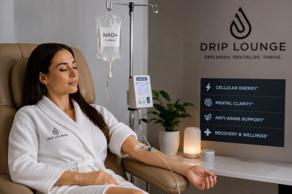 Client receiving NAD+ IV therapy at Drip Lounge while relaxing in a treatment recliner