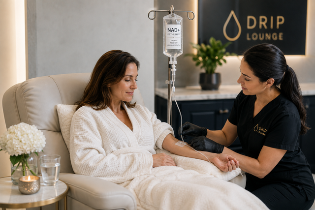 A woman receiving NAD+ IV Therapy at Drip Lounge, seated in a comfortable chair while a professional staff member monitors the treatment