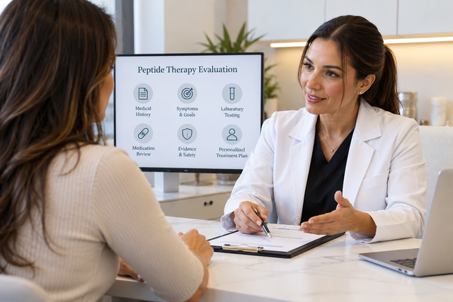 Clinician consulting with a patient about peptide therapy evaluation before surgery — Drip Lounge