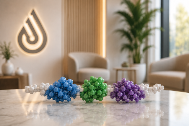 Colorful molecular peptide model on marble in a modern wellness clinic — Retatrutide mechanism of action educational guide from Drip Lounge