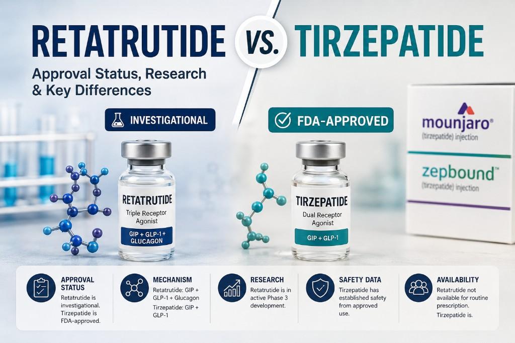 Retatrutide vs Tirzepatide comparison infographic showing investigational triple agonist versus FDA-approved dual GIP/GLP-1 treatment — Drip Lounge
