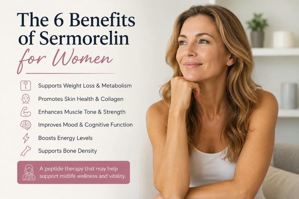The 6 Benefits of Sermorelin for Women — infographic on weight loss, skin health, muscle tone, mood, energy, and bone density