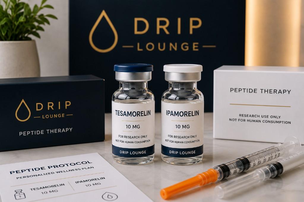 Drip Lounge Tesamorelin and Ipamorelin peptide vials with peptide therapy packaging and protocol sheet