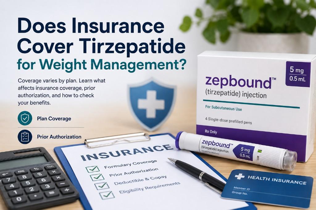 Does insurance cover Tirzepatide for weight management — Zepbound box, insurance checklist, and health insurance card on a desk