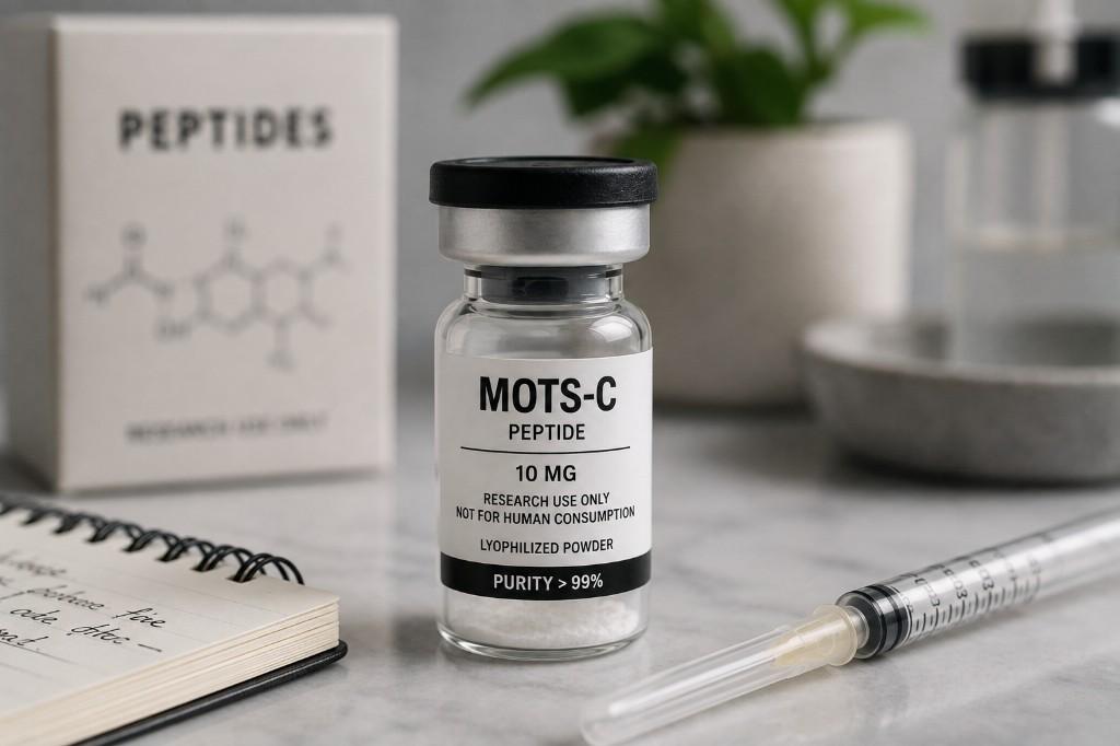 MOTS-C peptide vial labeled research use only on a marble surface with peptide packaging and syringe — educational guide from Drip Lounge