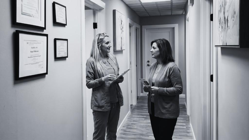 Drip Lounge clinician consulting with a client in the lounge hallway