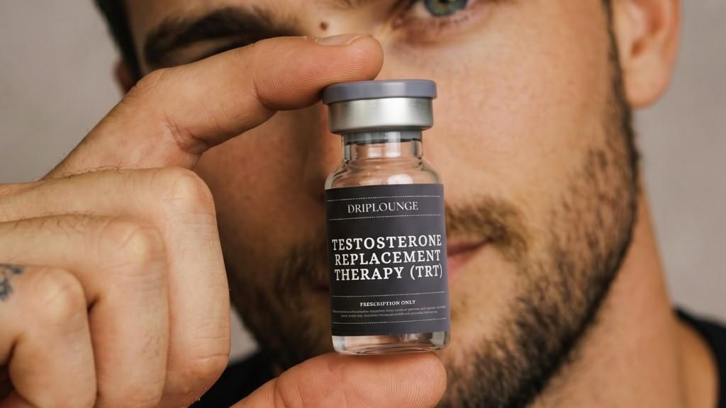 TRT vial held during testosterone replacement therapy care