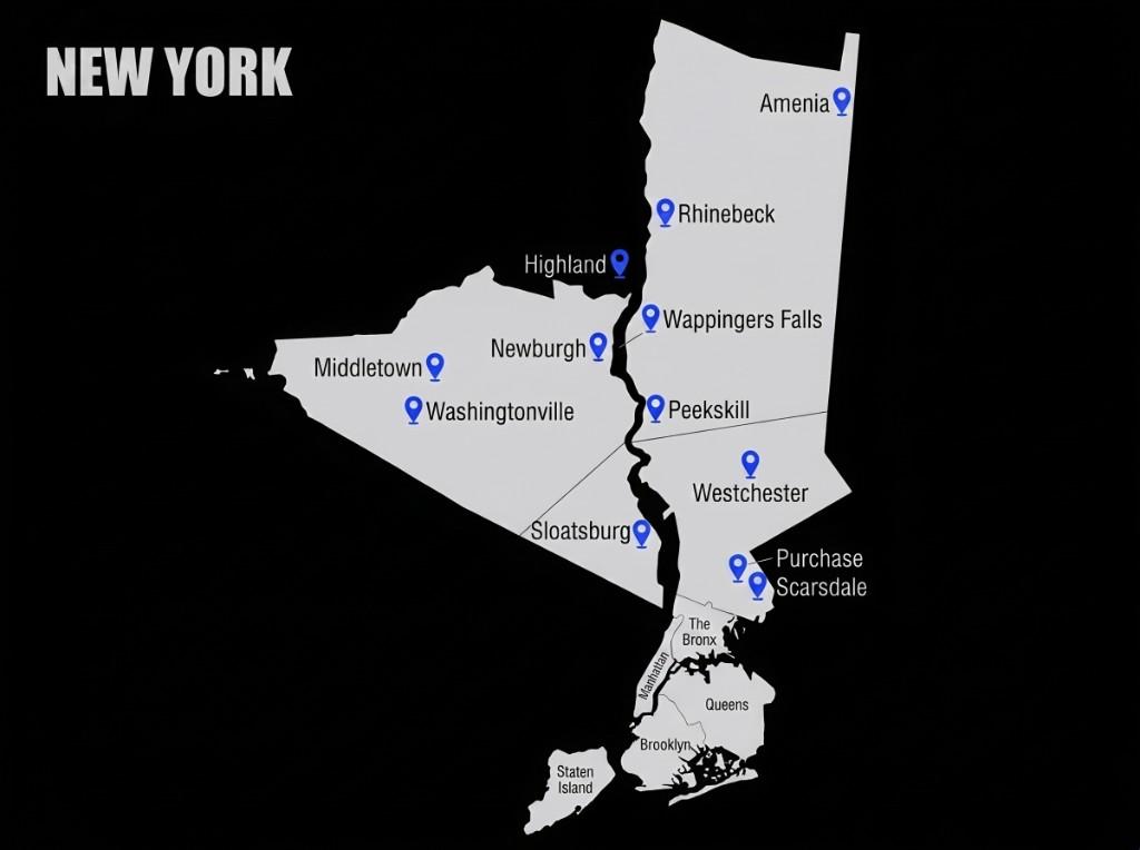 Map of New York service coverage from the Hudson Valley through New York City