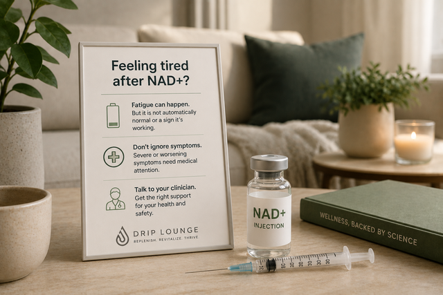 Feeling tired after NAD+ educational sign beside an NAD+ injection vial and syringe in a Drip Lounge wellness setting