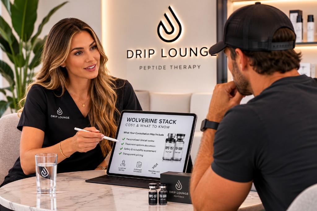 Drip Lounge clinician reviewing a Wolverine Stack cost and consultation guide on a tablet with BPC-157 and TB-500 vials on the table