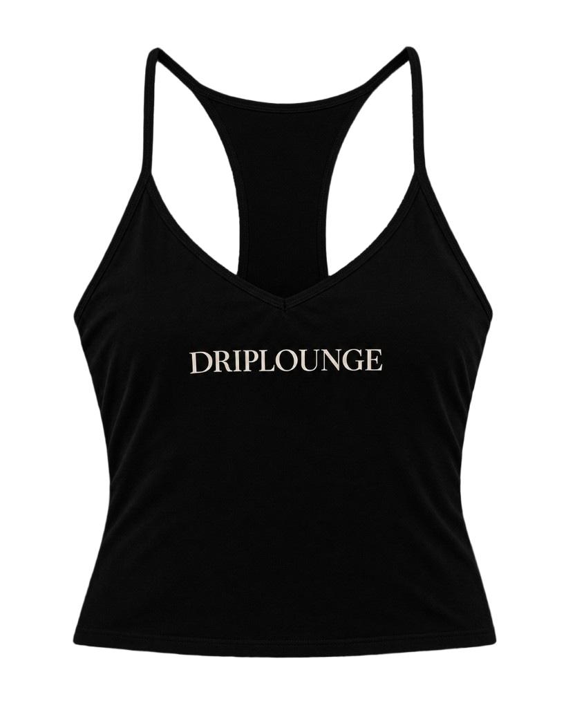 Black Drip Lounge women’s tank with cream DRIPLOUNGE chest print
